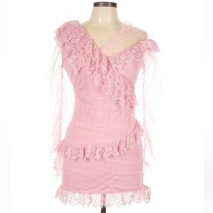 Elegant Feminine Pink Lace Sheer Mesh Ruffle Mini Dress | Romantic Y2K Style